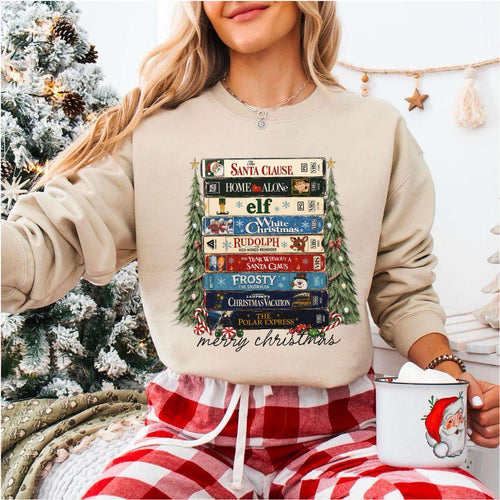 Retro Christmas Movies VHS T-Shirt Sweatshirt Hoodie – Vintage Holiday Movie Collection Nostalgic Christmas Lover Graphic Apparel