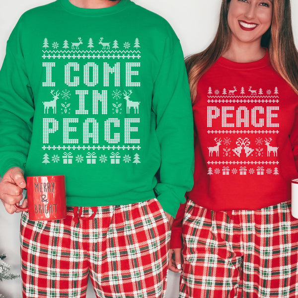 I Come In Peace T-Shirt Sweatshirt Hoodie – Funny Ugly Christmas Sweater Reindeer Holiday Humor Graphic Apparel