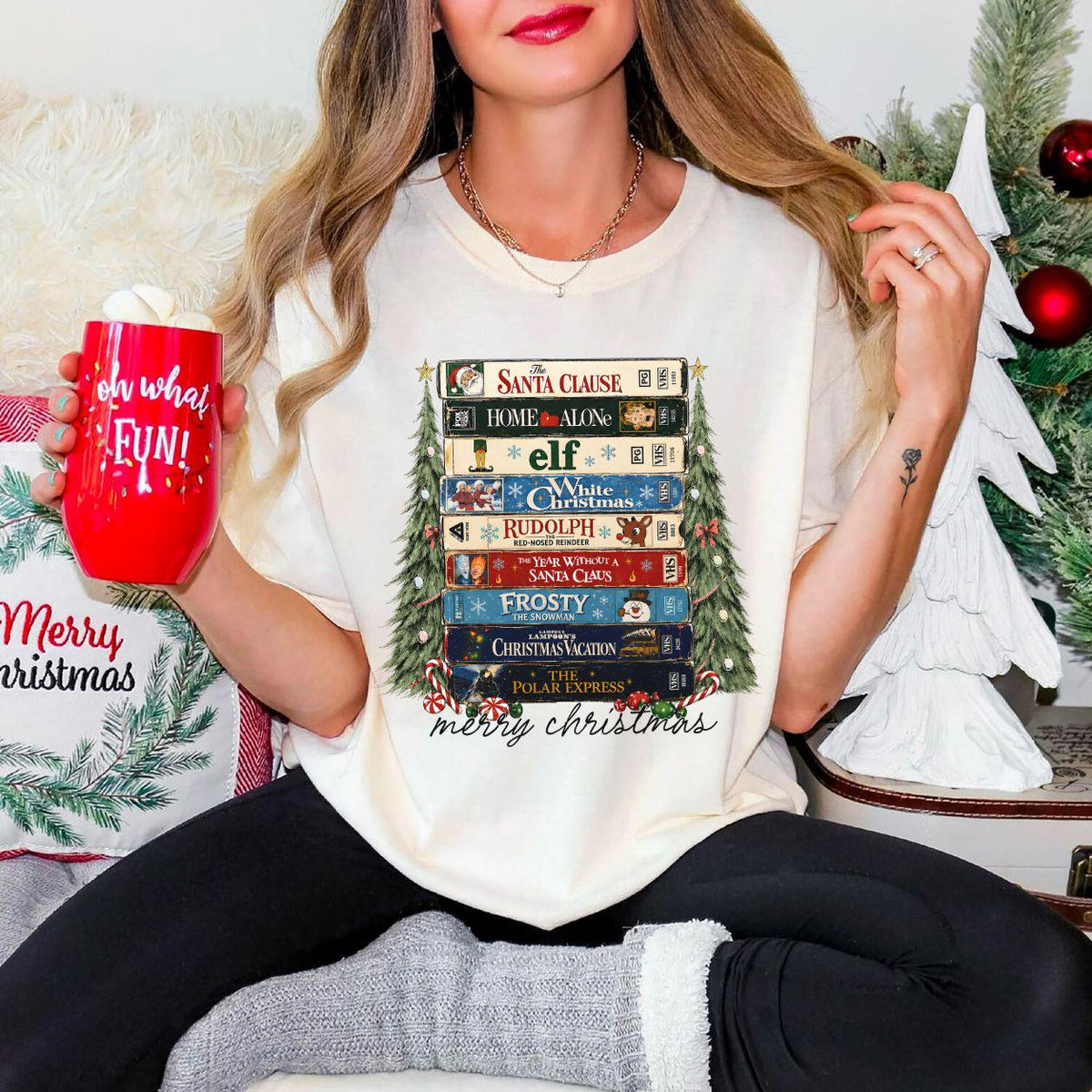 Retro Christmas Movies VHS T-Shirt Sweatshirt Hoodie – Vintage Holiday Movie Collection Nostalgic Christmas Lover Graphic Apparel