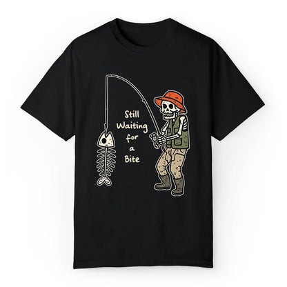 Still Waiting for a Bite T-Shirt – Funny Skeleton Fisherman Fishing Graphic Tee