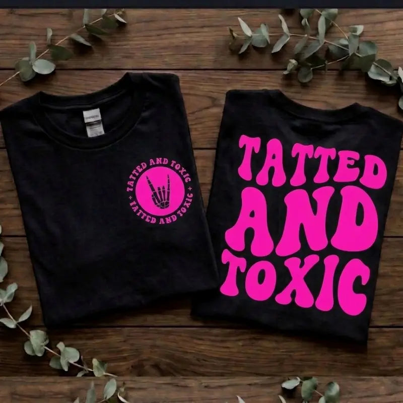 Tatted And Toxic Retro Wavy Lettering Pink And Black T Shirt