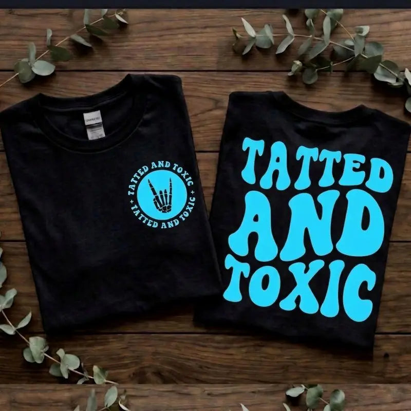 Tatted And Toxic Retro Wavy Lettering Blue And Black T Shirt